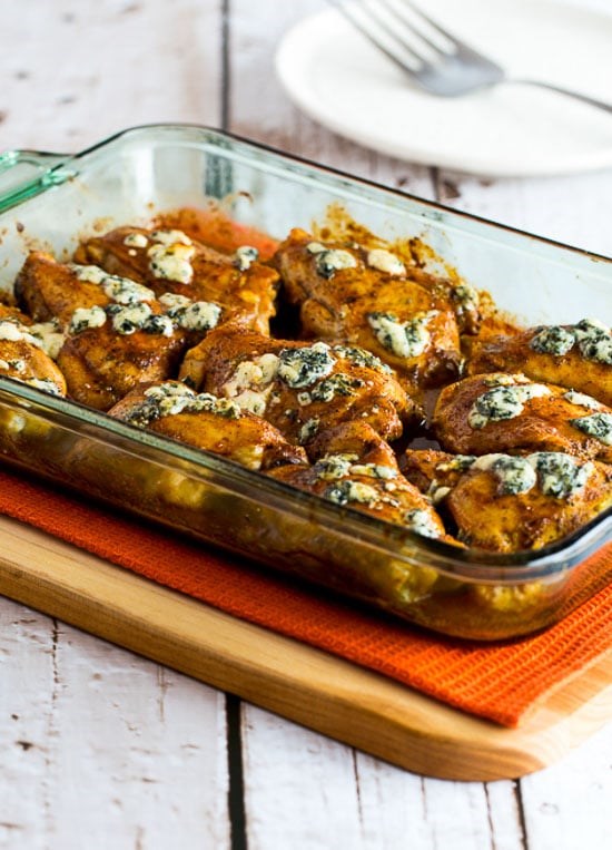 Baked Buffalo chicken with melted blue cheese 