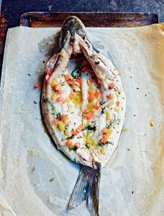 Baked butterflied sea bass with tomato and lemon (Bar rôti en papillon, tomatoes et citron)