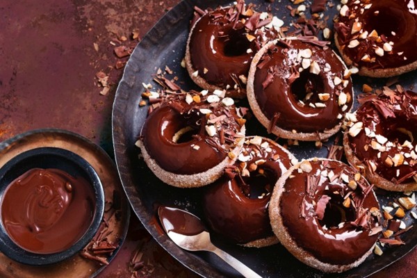 Baked buttermilk doughnuts with whisky chocolate glaze