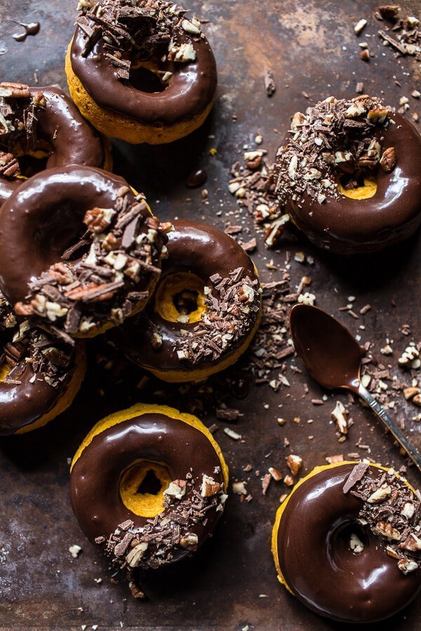 Baked buttermilk pumpkin doughnuts with hot cocoa glaze
