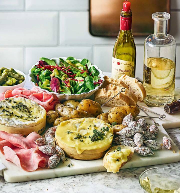 Baked Camembert, charcuterie and potatoes