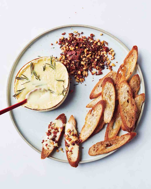 Baked Camembert with bacon, rosemary, and pine nuts