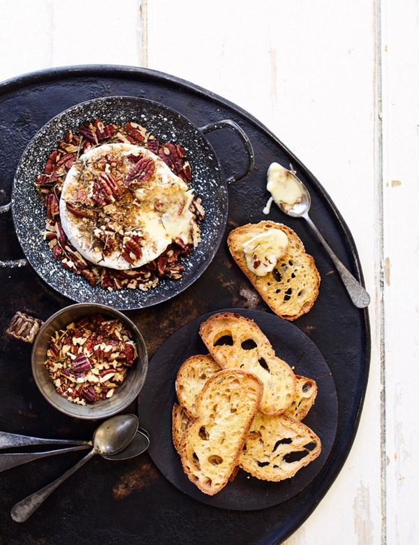 Baked Camembert with pecans, rosemary & olive oil toasts