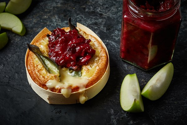 Baked Camembert with sage, apple wedges and cranberry and bacon jam