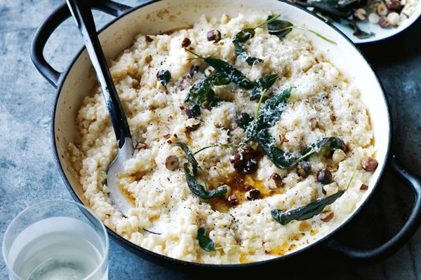 Baked cauliflower risotto with sage and hazelnuts