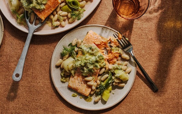 Baked ChalkStream trout with fennel butter, leeks and beans