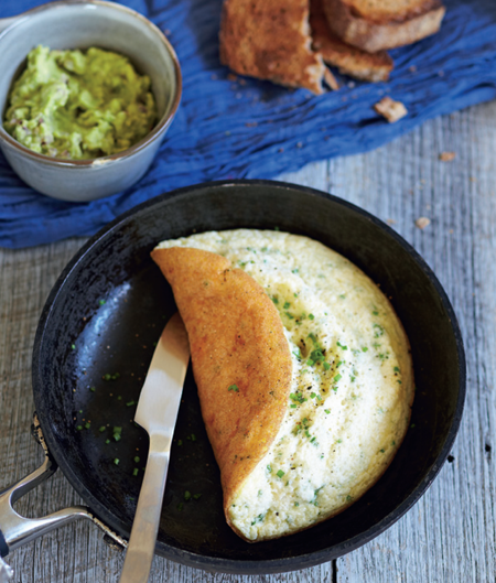 Baked cheese and chive omelettes with spicy guacamole