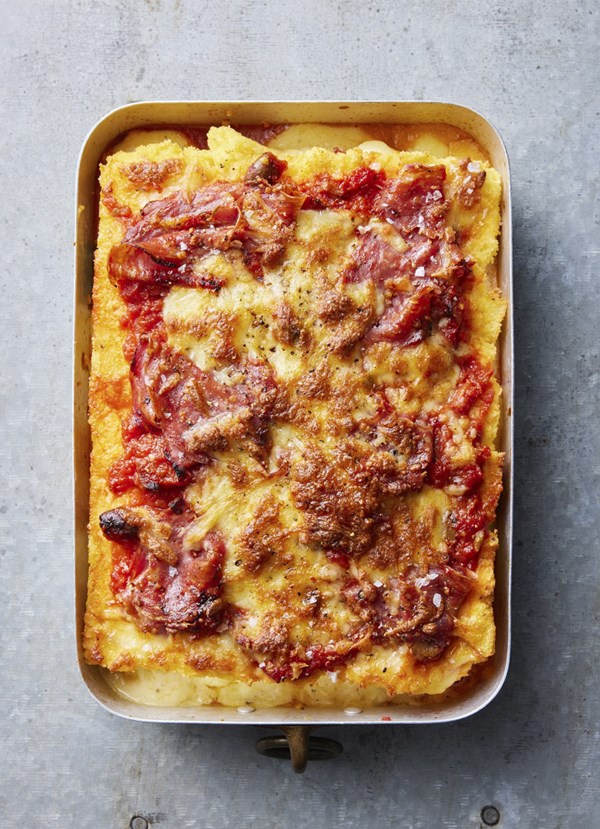 Baked cheesy polenta with fennel salami