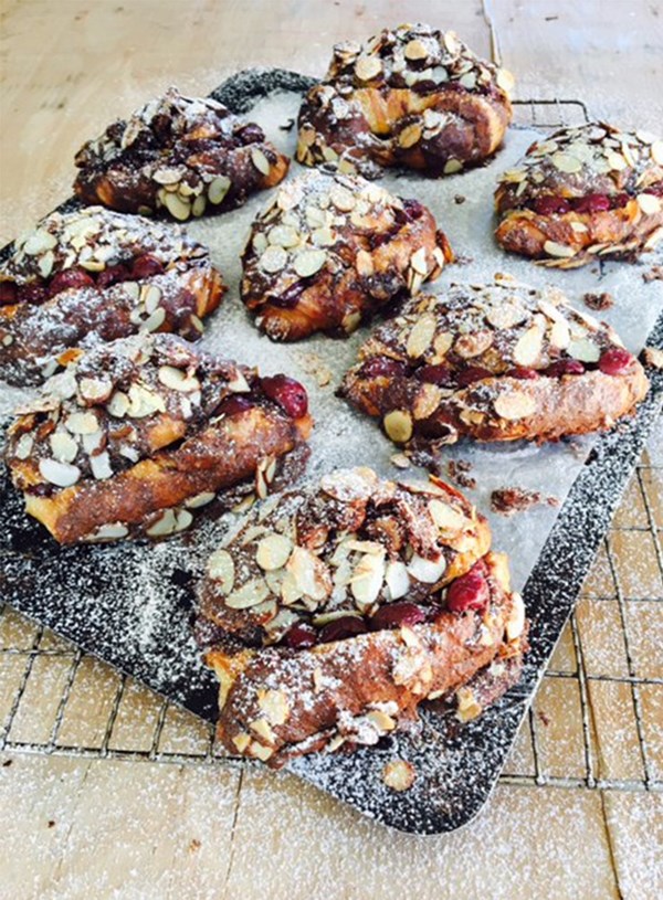 Baked cherry and chocolate croissants