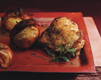 Baked chicken and bacon-wrapped lady apples