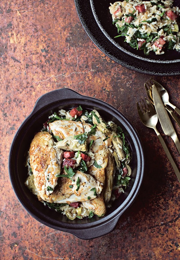 Baked chicken and chorizo rice with artichokes