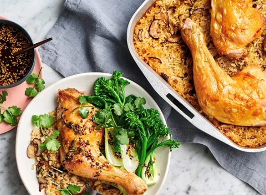Baked chicken and rice with chilli and ginger dressing