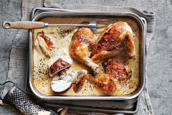 Baked chicken in cacio e pepe bagna cauda sauce