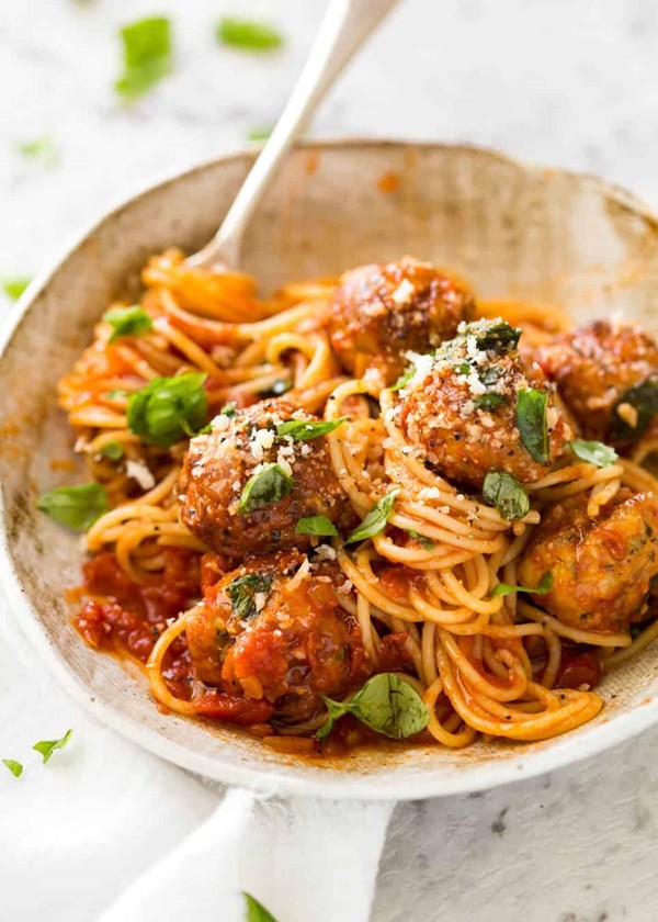 Baked chicken meatballs and spaghetti