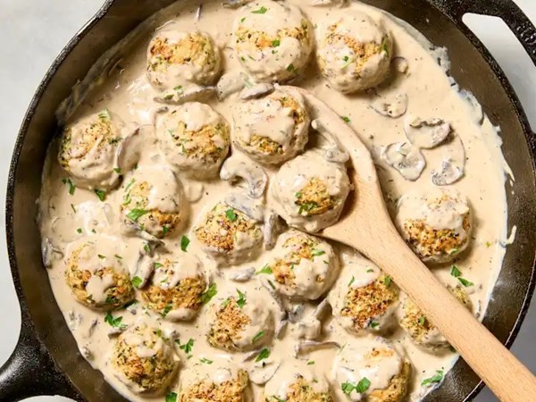 Baked chicken meatballs with creamy mushroom sauce
