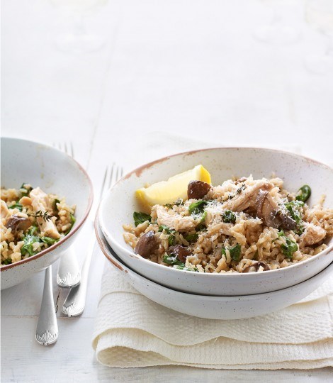 Baked chicken, mushroom and thyme brown rice risotto