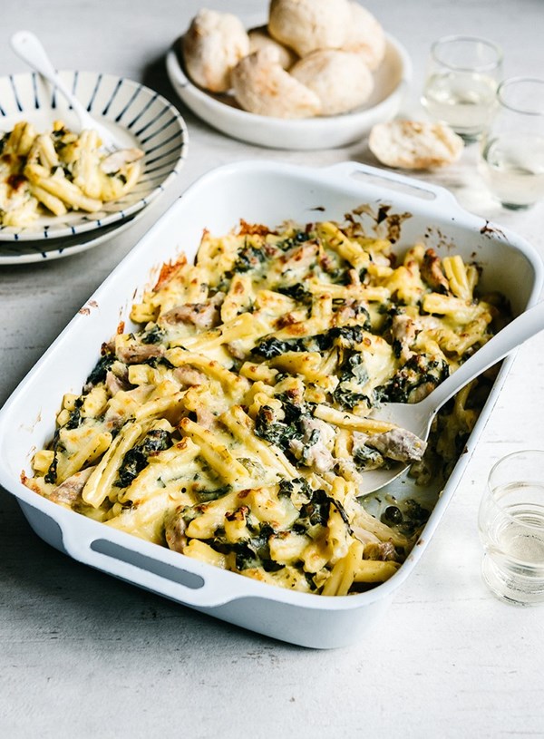 Baked chicken pasta with capers, lemon and spinach