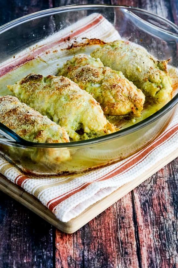 Baked chicken stuffed with pesto and cheese