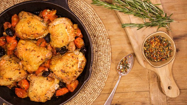 Baked chicken thighs with pancetta, olives, and cherry tomatoes
