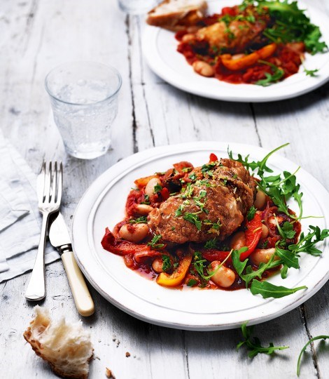 Baked chicken thighs with peppers and butter beans