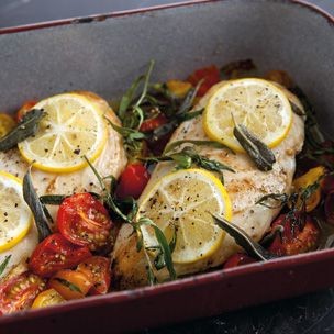 Baked chicken with cherry tomatoes, herbs & lemon