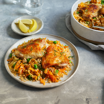 Baked chicken with spiced rice and dried apricots
