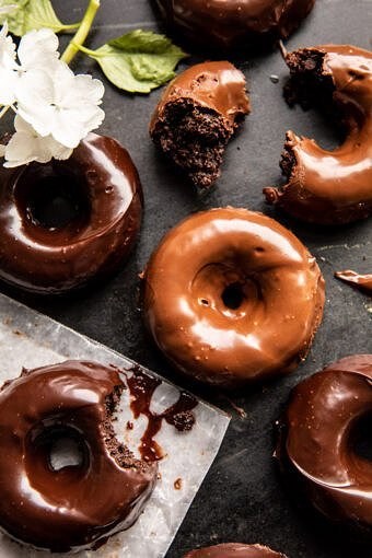 Baked chocolate fudge glazed doughnuts