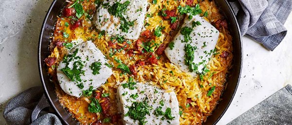 Baked chorizo orzo with hake
