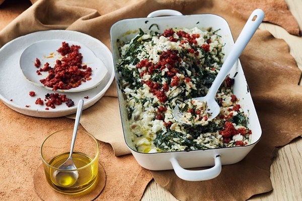 Baked citrus risotto with chorizo crumb