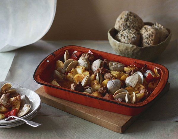 Baked clams with potato, pork & chorizo flavours
