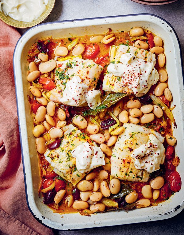 Baked cod and butter beans with aioli