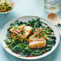 Baked cod loin with sizzling spinach, ginger and chilli