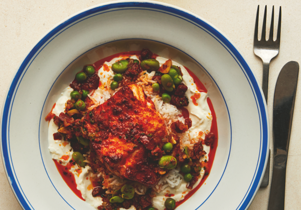 Baked cod with chorizo & peas