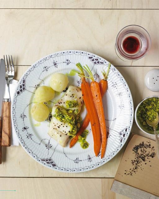 Baked cod with eggs & caper sauce