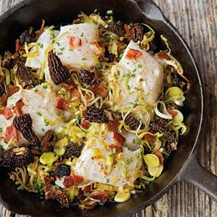 Baked cod with leeks, morels & bacon 