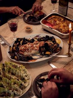 Baked cod with mussels, pancetta, cider and sage