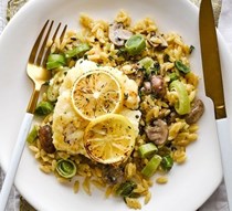 Baked cod with orzo & spicy sausage