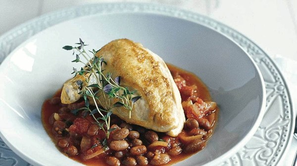 Baked corn-fed chicken with borlotti beans