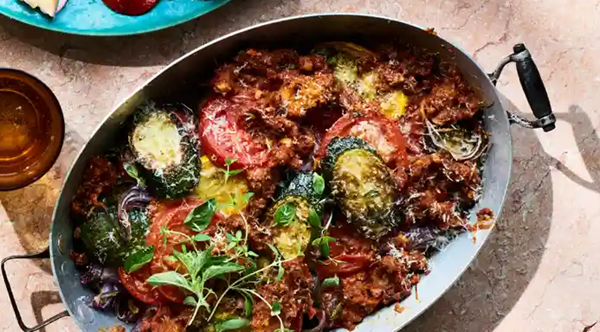 Baked courgettes with Romesco crust
