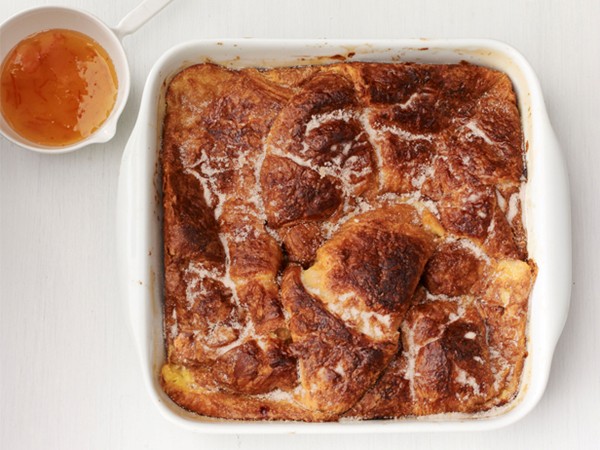 Baked croissant French toast with orange syrup