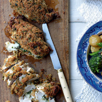 Baked, crumbed chicken with mozzarella, capers and thyme