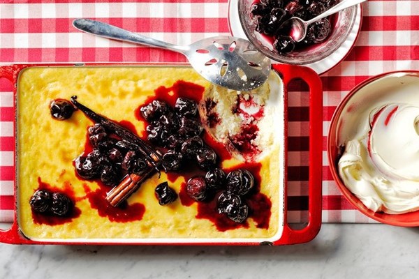 Baked custard & rice pudding with Marsala cherries