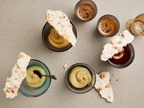 Baked custard cream affogato, meringue brittle