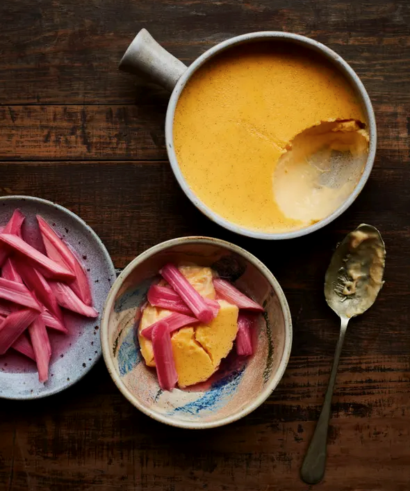 Baked custard with roast rhubarb