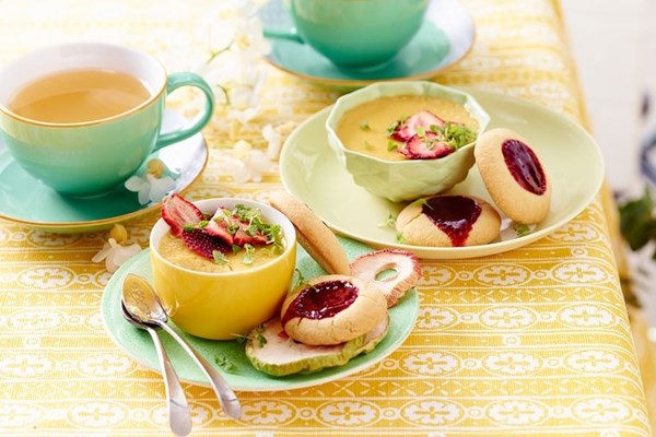 Baked custards with jam drop biscuits and apple tea