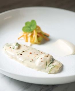 Baked daurade royale with autumn vegetable julienne and Gewurztraminer oyster broth