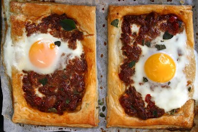 Baked egg and tomato and fig jam galette