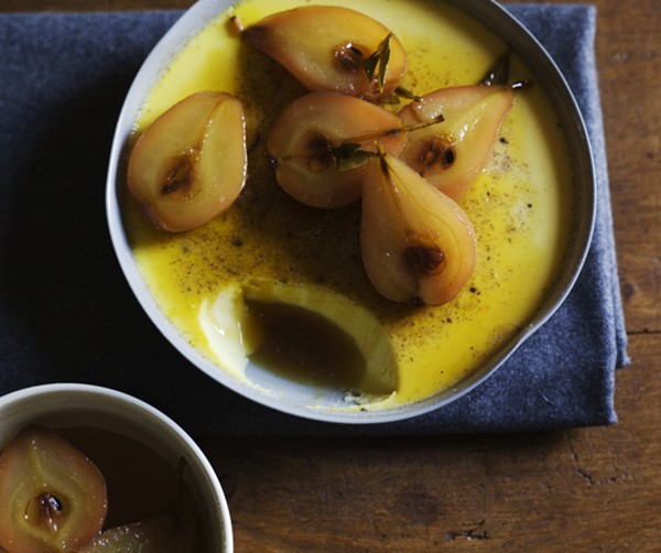 Baked egg custard with honey pears