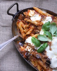 Baked eggplant Parmesan penne