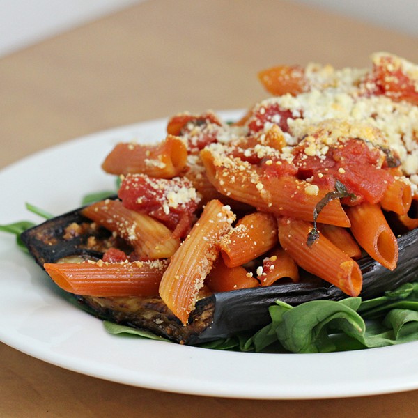 Baked eggplant stuffed with pasta